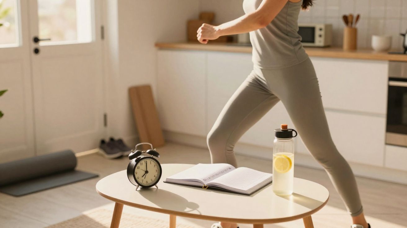 Pessoa a fazer exercício em casa junto a uma mesa com relógio, caderno aberto e garrafa de água com limão.