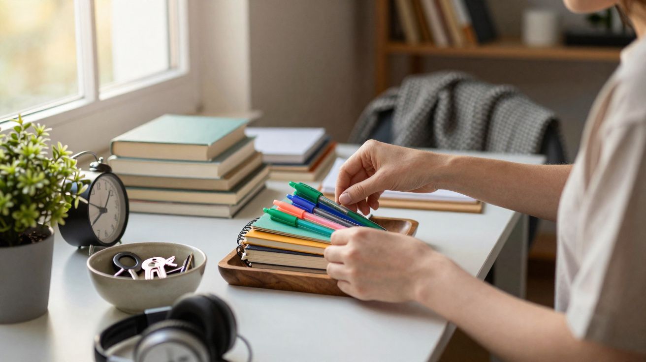 Pessoa organizando canetas coloridas sobre cadernos numa mesa de trabalho com livros, relógio, planta e auscultadores.