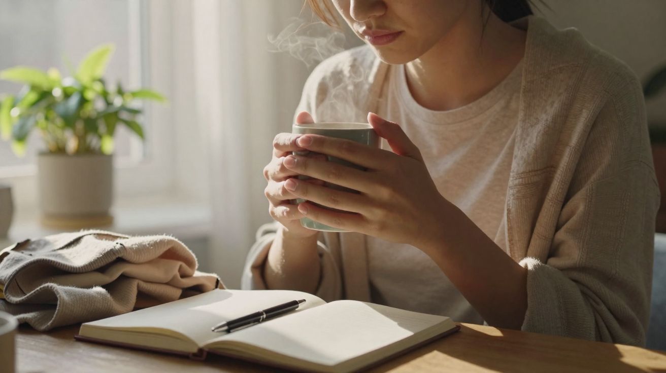 Pessoa a segurar uma chávena quente enquanto está sentada à mesa com um caderno aberto e uma caneta.