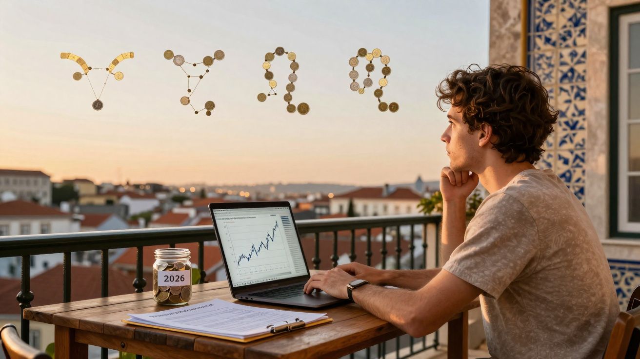 Jovem a trabalhar num computador portátil numa varanda, com gráficos financeiros e moedas flutuantes no ar.