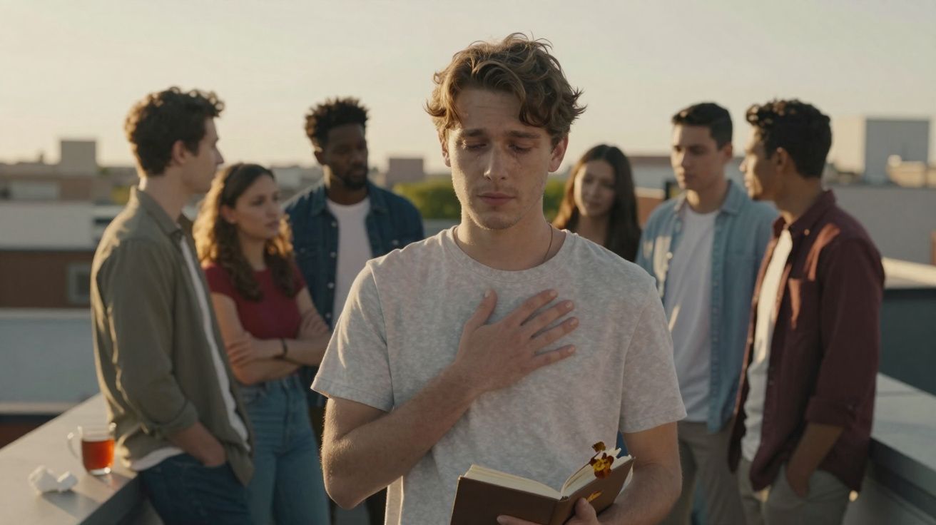 Jovem a ler em voz alta com expressão emocionada, rodeado por seis pessoas jovens numa varanda ao pôr do sol.