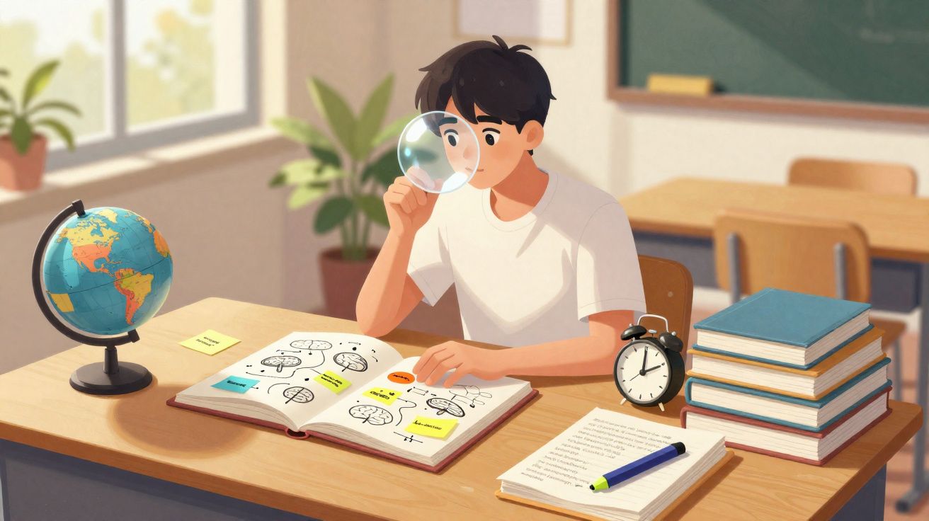 Estudante usa lupa para observar livro de diagramas num ambiente de estudo com livros, globo e relógio.