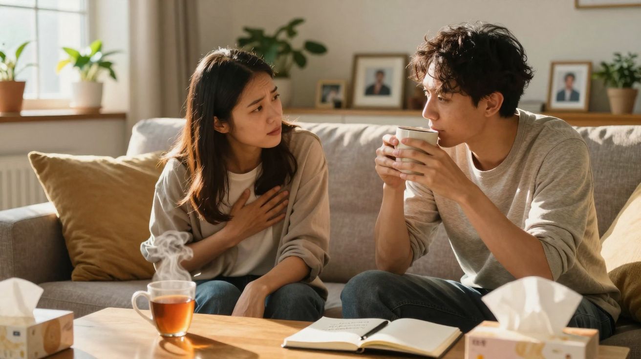 Casal sentado no sofá, ela parece doente e ele segura uma chávena enquanto conversam numa sala aconchegante.