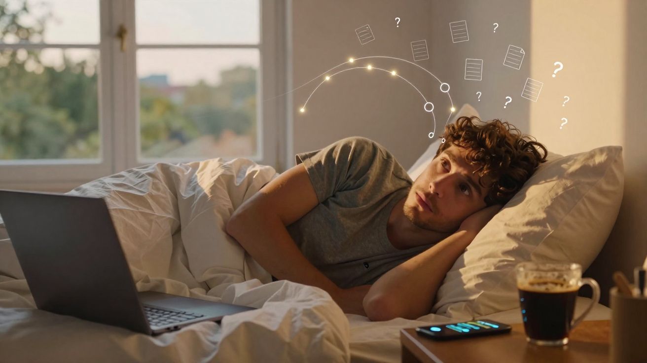 Jovem deitado na cama a olhar para cima, com laptop, telemóvel e chá numa mesa ao lado, mostrando dúvidas.