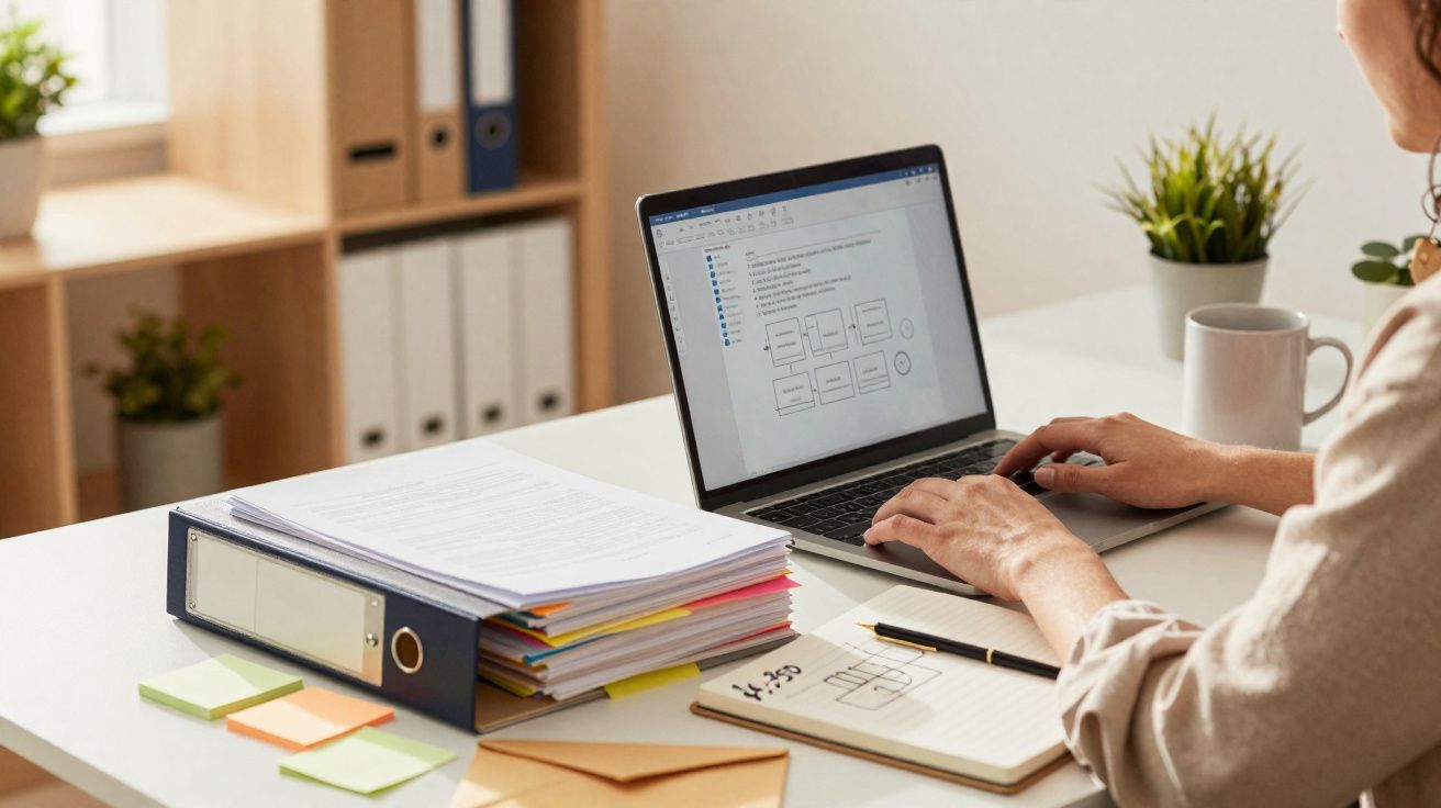 Pessoa a trabalhar num computador portátil numa secretária com documentos, caderno e caneca.