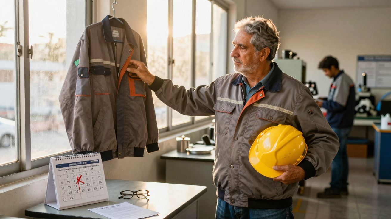 Homem de meia-idade com capacete amarelo segura uniforme de trabalho num escritório industrial iluminado por janela.