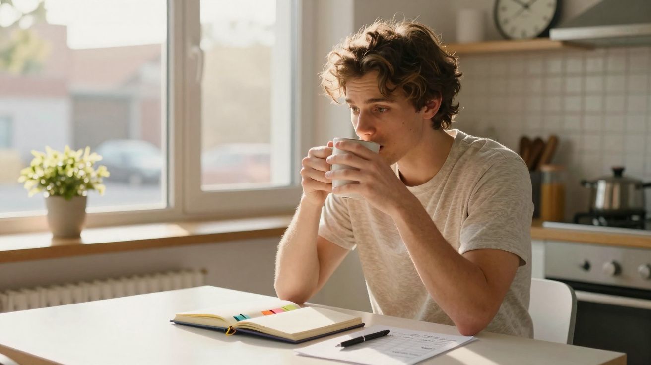 Jovem sentado a beber uma chávena de café numa cozinha iluminada, com caderno e documentos à sua frente.
