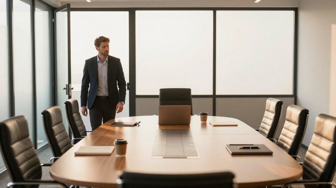 Homem em fato numa sala de reuniões moderna com mesa comprida, cadeiras pretas e janelas grandes.