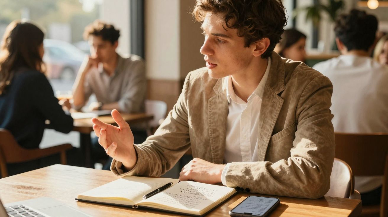 Homem jovem a falar sentado numa mesa com caderno aberto, telemóvel e portátil num café interior iluminado.