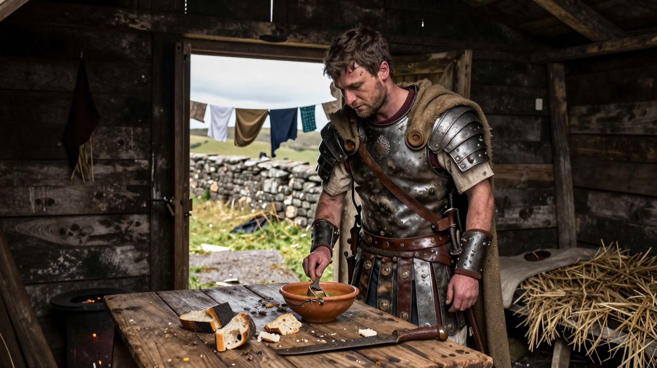 Homem vestido com armadura medieval prepara comida numa cabana rústica com pão e tábua de madeira.
