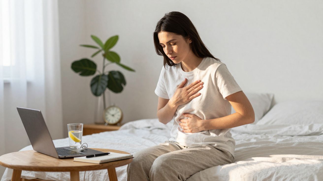 Mulher sentada na cama com expressão de desconforto, mão no peito e na barriga, laptop e mesa à frente.