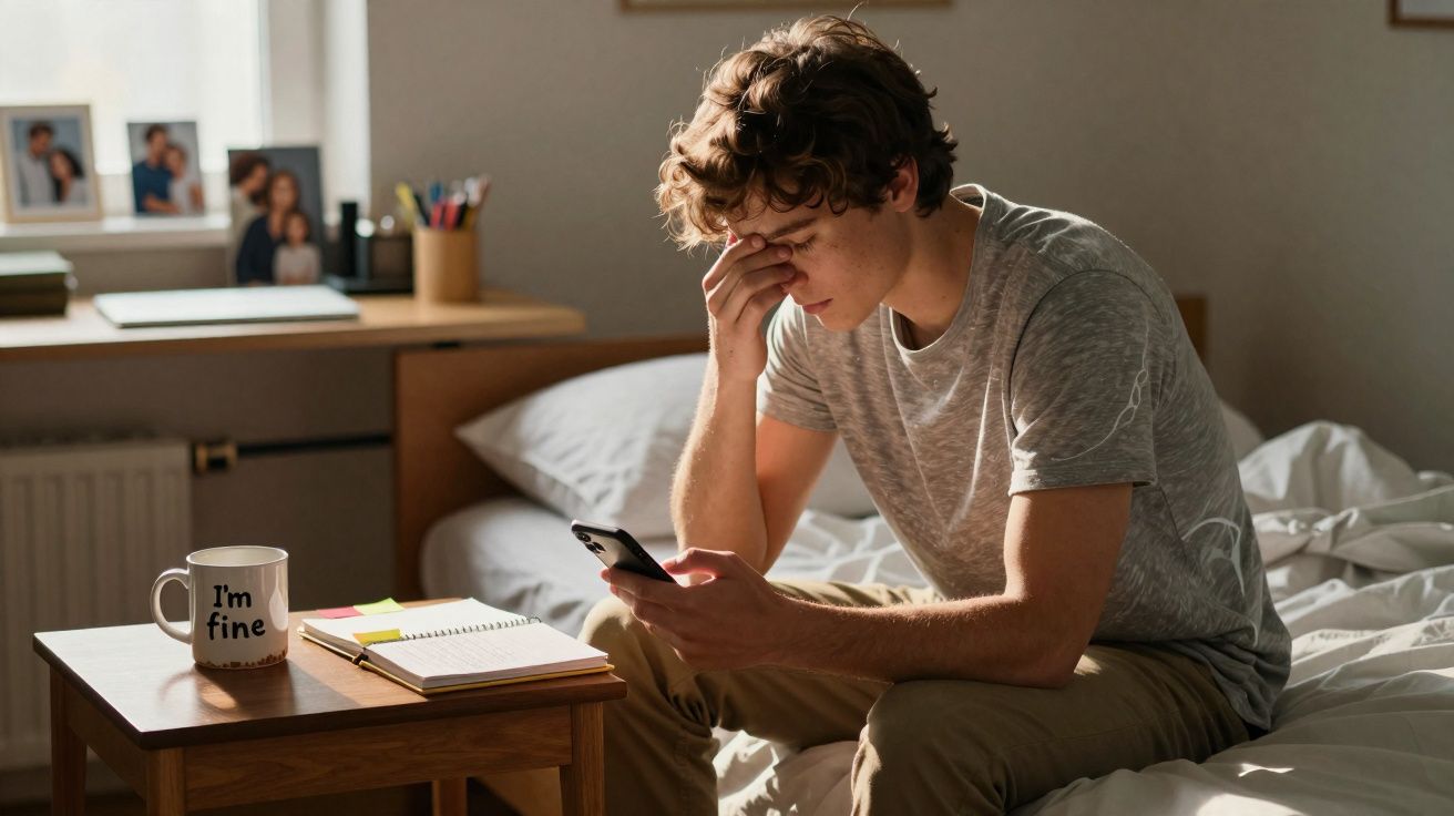 Jovem sentado na cama a olhar preocupado para o telemóvel, com caneca “I'm fine” numa mesa ao lado.