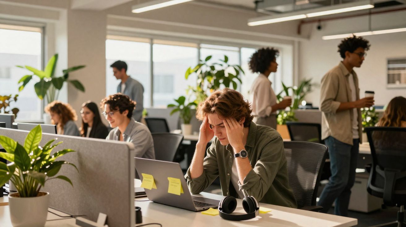 Jovem com expressão de stress num escritório moderno, rodeado por colegas a trabalhar e interagir.