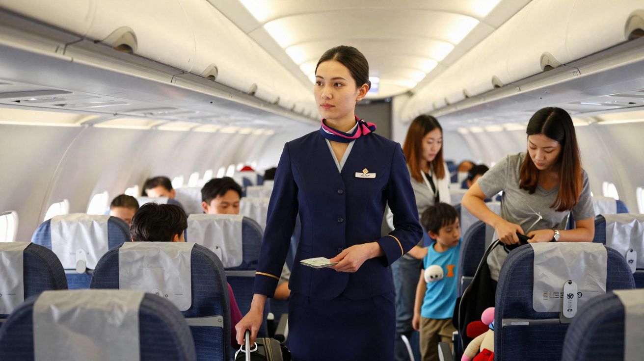 Tripulante de cabine de avião a andar pelo corredor, passageiros acomodam-se nos seus lugares.
