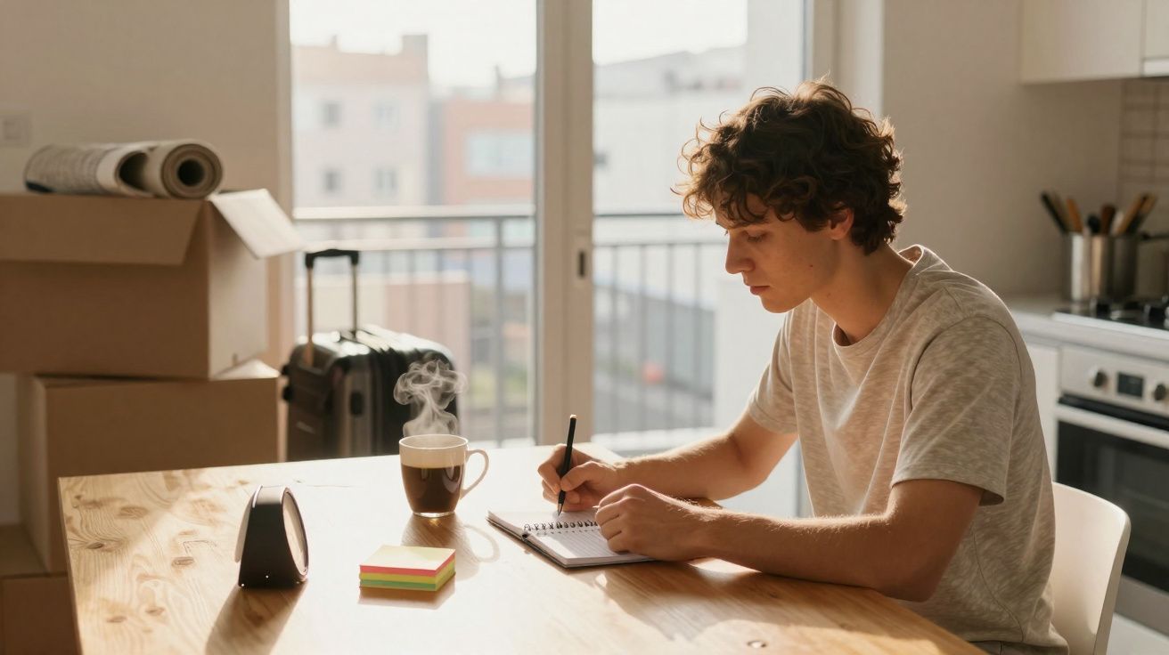 Jovem sentado à mesa escreve num caderno, com chá quente e caixas para mudança ao fundo.