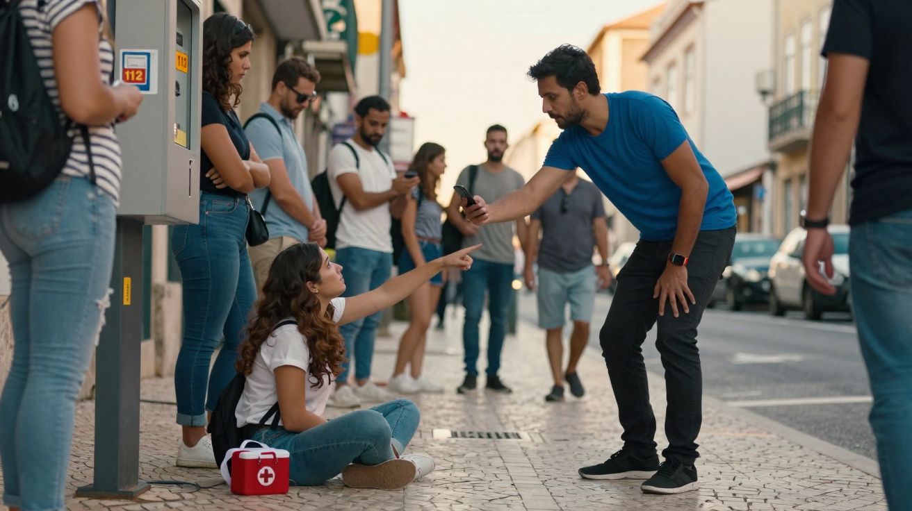 Jovem sentado no chão a apontar para homem que lhe mostra algo no telemóvel numa rua com outras pessoas.
