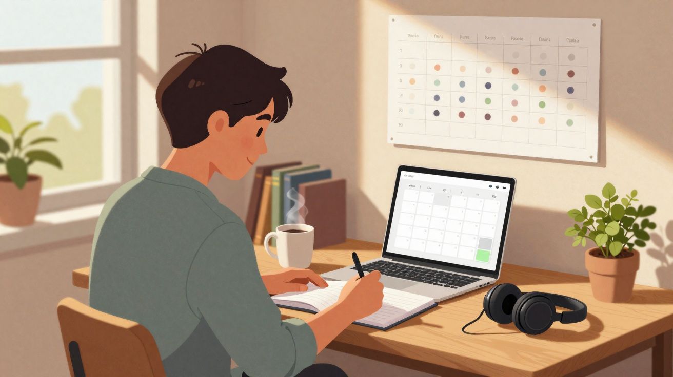 Pessoa sentada a estudar numa secretária com computador, caderno, caneca de café e plantas.