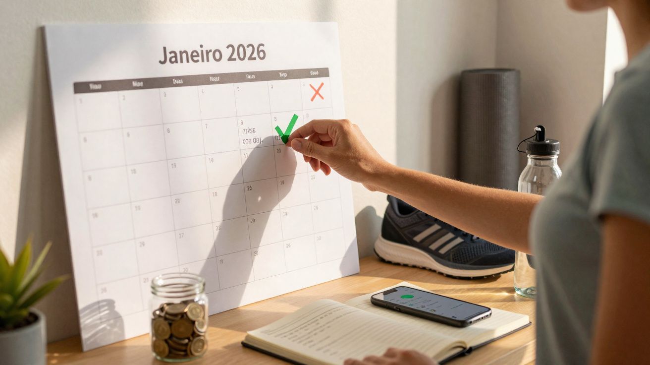 Pessoa a marcar um dia com um visto verde num calendário de janeiro de 2026 numa secretária organizada.