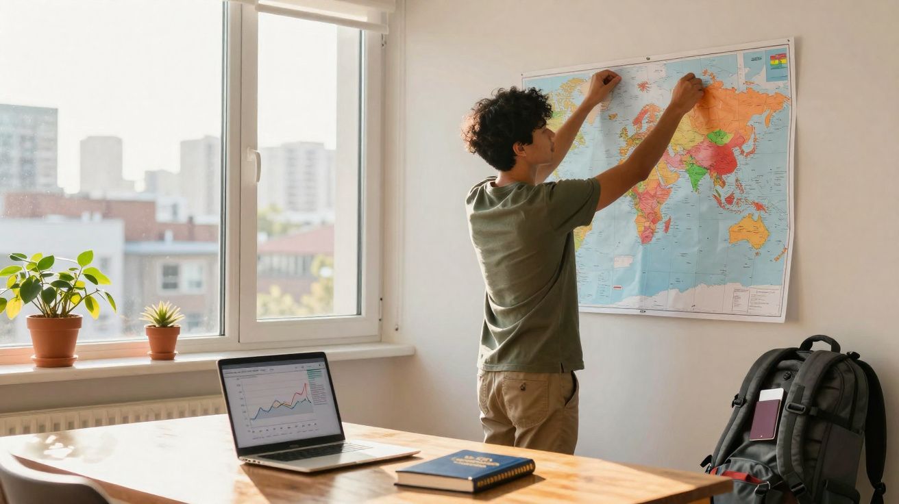 Rapaz a colocar um marcador num mapa-múndi na parede de uma sala de estudo iluminada.