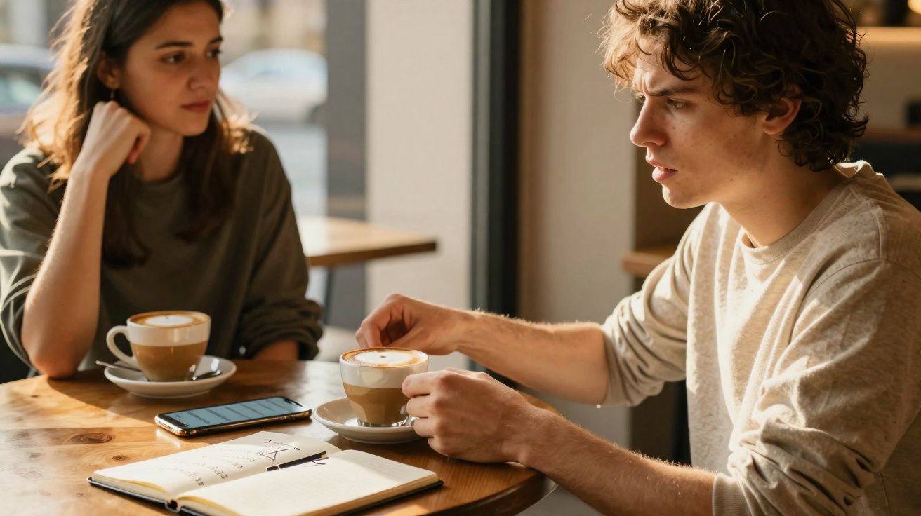 Dois jovens a conversar numa cafeteria com café e um caderno aberto sobre a mesa.
