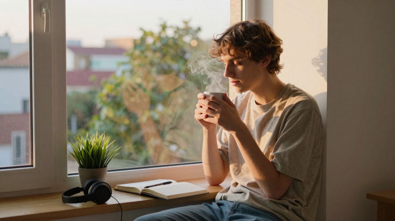 Jovem sentado na janela com uma chávena quente, ao lado de auscultadores e um caderno aberto.