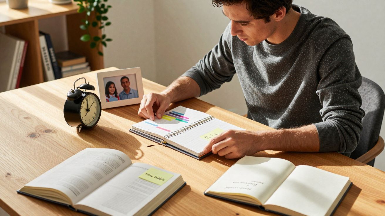 Homem a estudar numa mesa de madeira com livros, caderno, relógio e fotografia de casal.