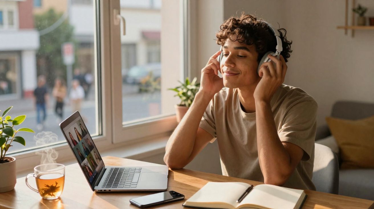 Jovem sentado numa mesa a participar numa videoconferência com auscultadores e chá quente ao lado.