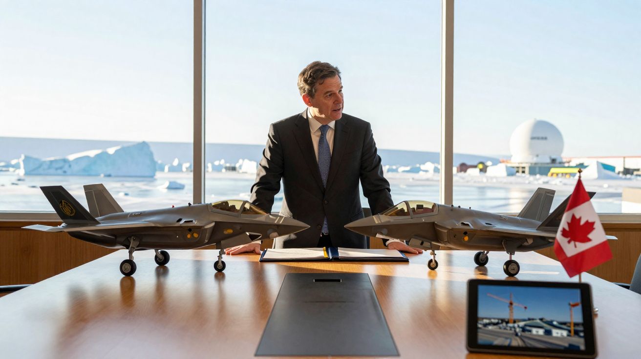 Homem de fato junto a miniaturas de aviões de caça numa sala com vista para gelo e icebergues.