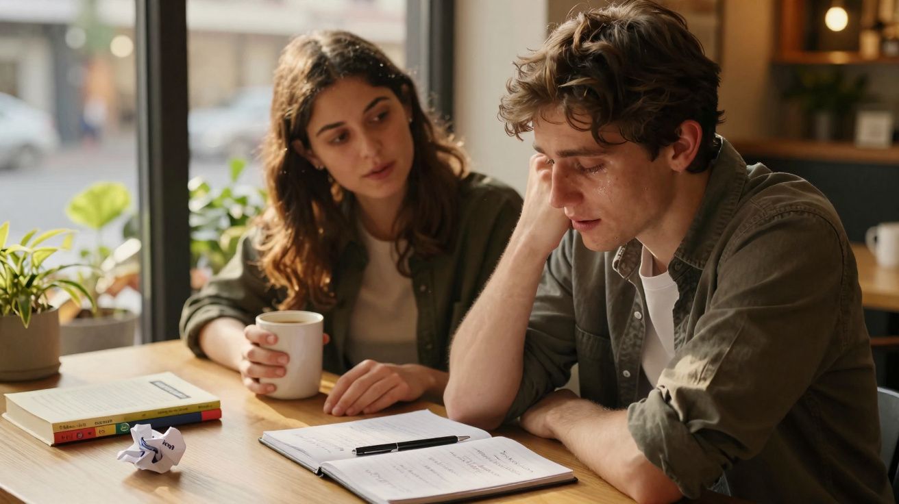 Homem sério e mulher preocupada a conversar numa mesa com caderno aberto e chá num ambiente acolhedor.