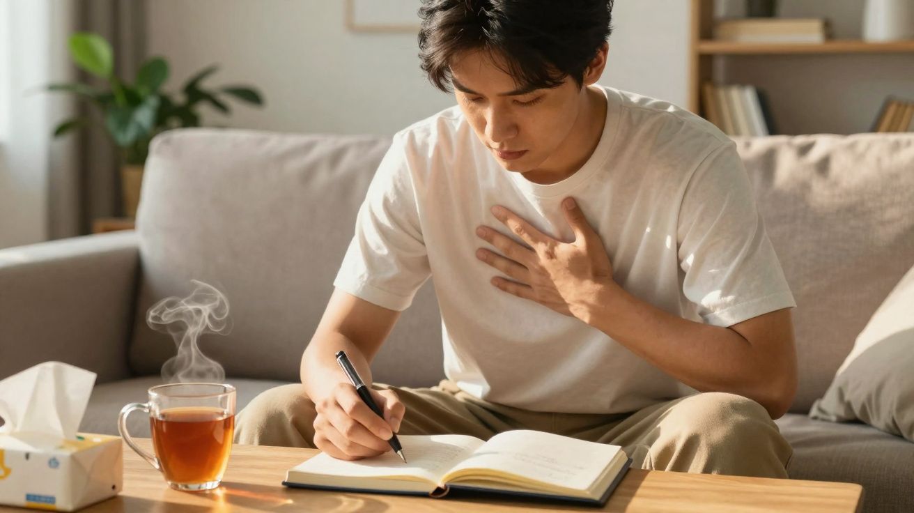 Homem jovem sentado no sofá, escrevendo em caderno e segurando o peito, com chá quente e caixa de lenços na mesa.