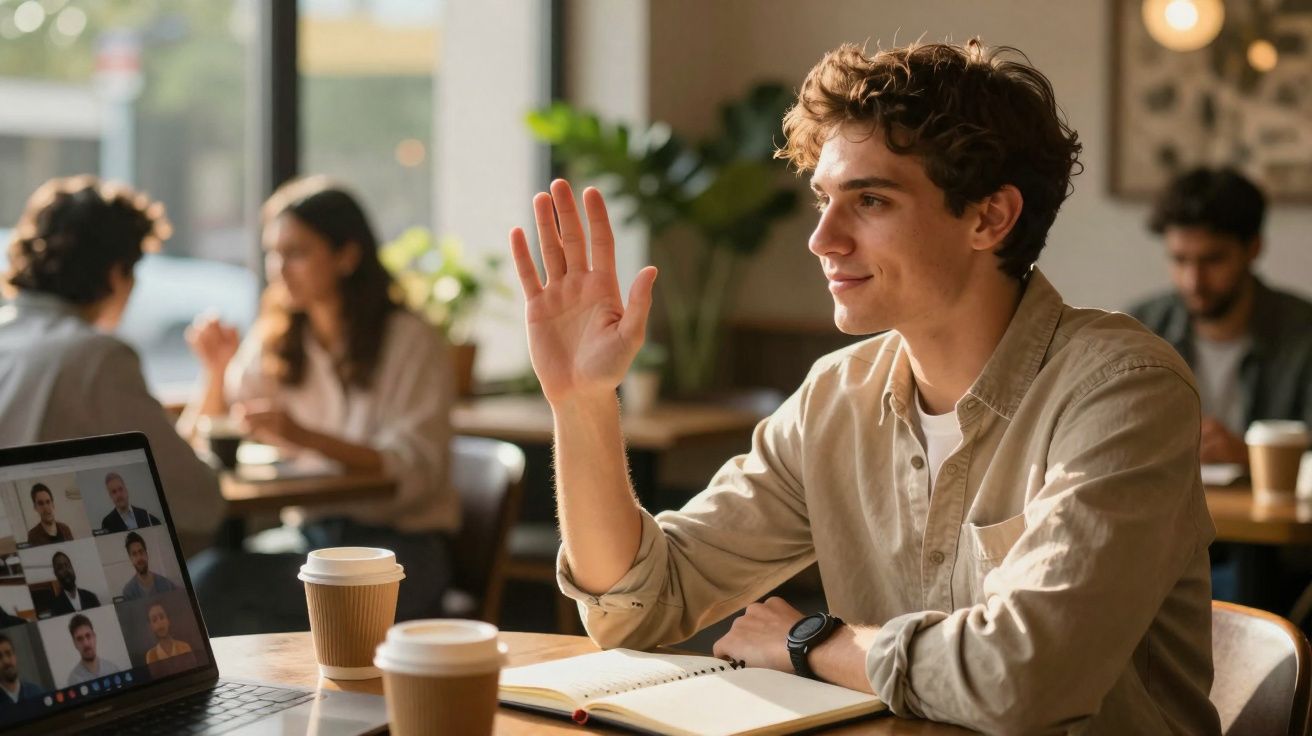Jovem levanta a mão durante reunião virtual num café, com cadernos e cafés na mesa.