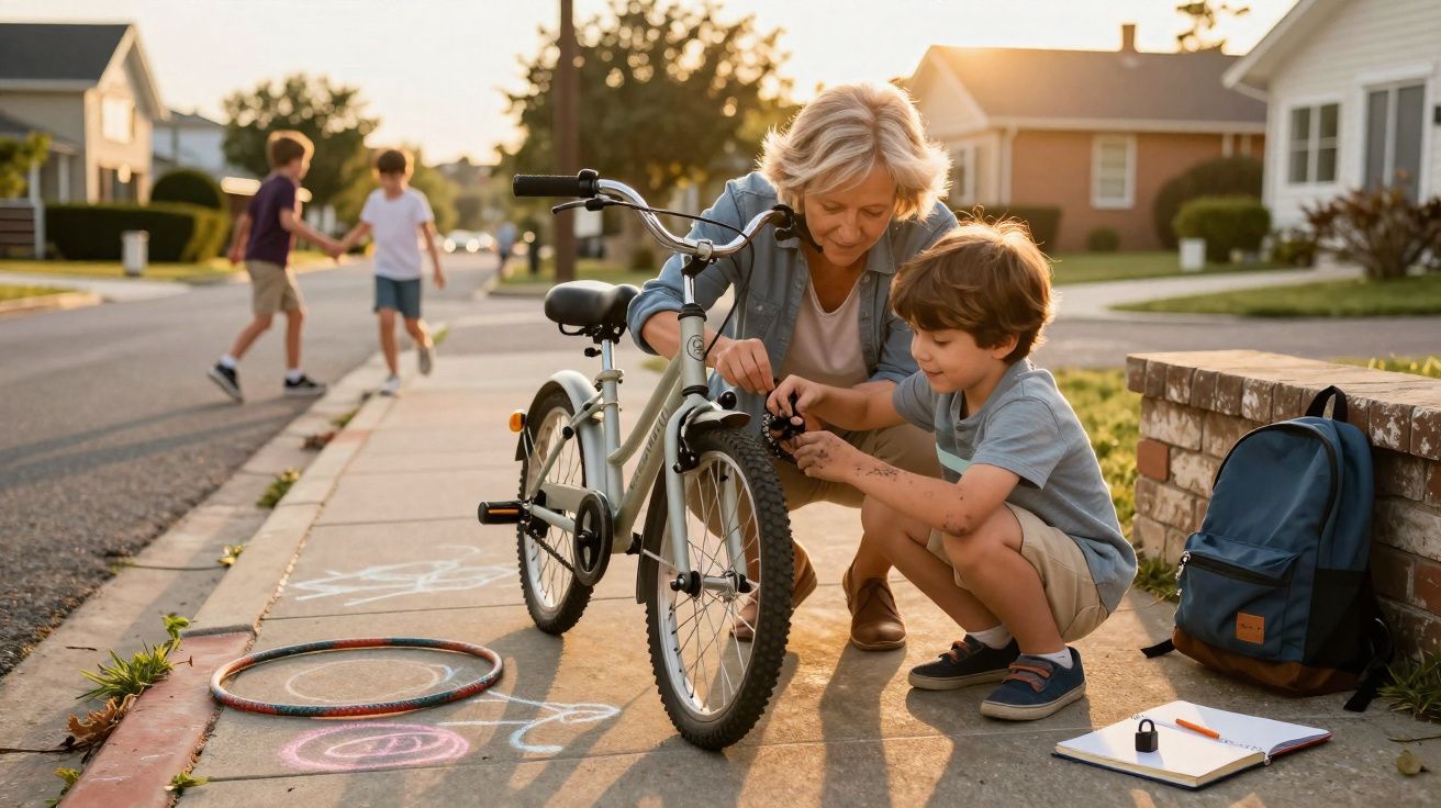 Mulher ajuda menino a prender cadeado na bicicleta na calçada de bairro ao entardecer.