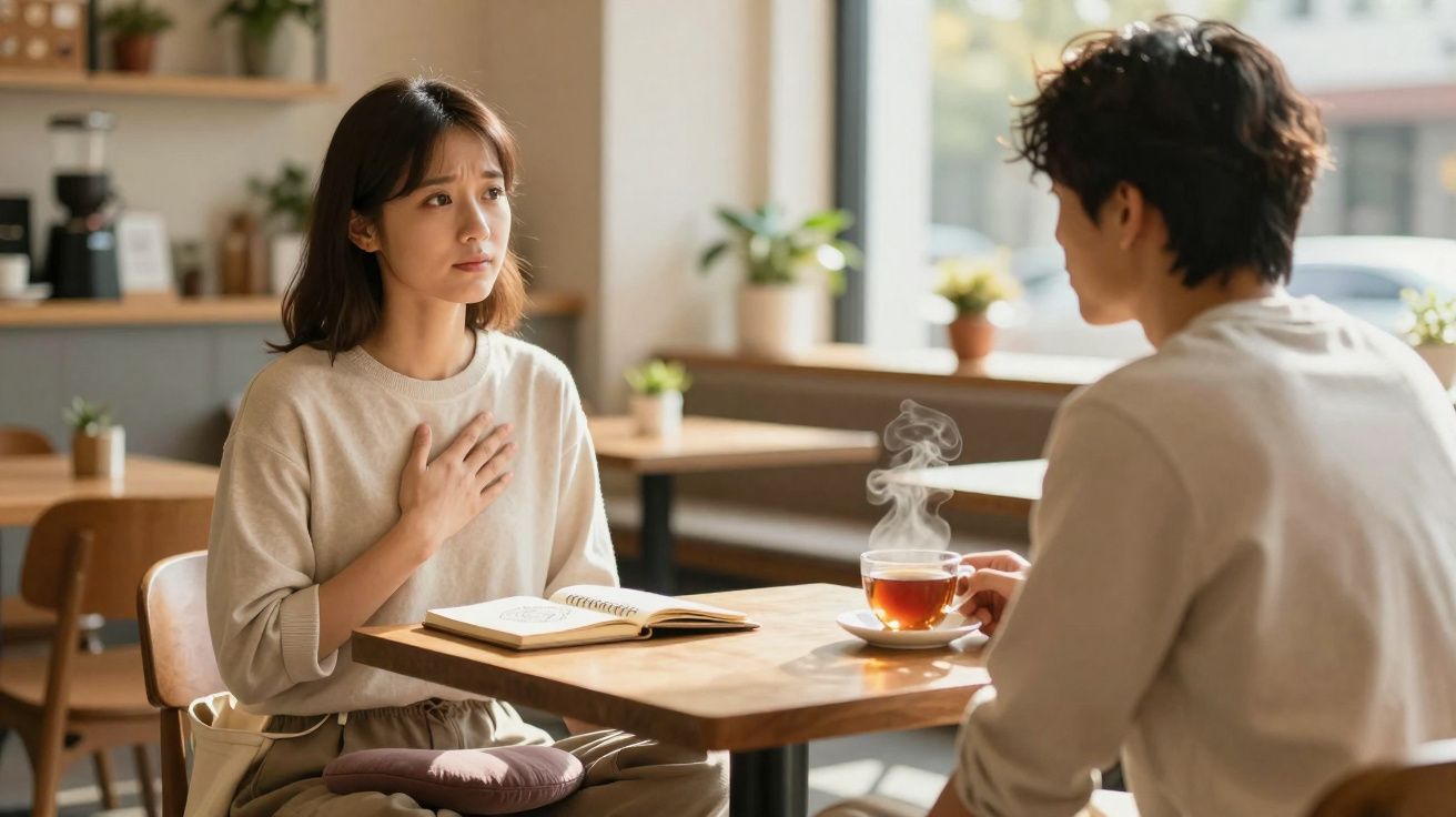 Mulher com expressão preocupada conversa com homem num café, chá quente na mesa entre ambos.