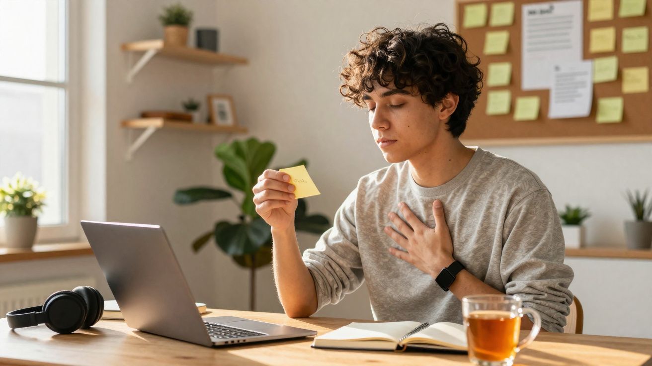 Jovem sentado a estudar com laptop, caderno, chá e a ler nota adesiva num ambiente calmo e organizado.