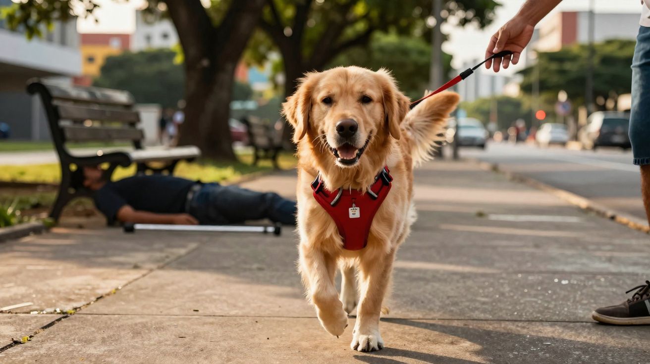 Cão golden retriever com peitoral vermelho a ser passeado numa calçada urbana, pessoa segurando trela.