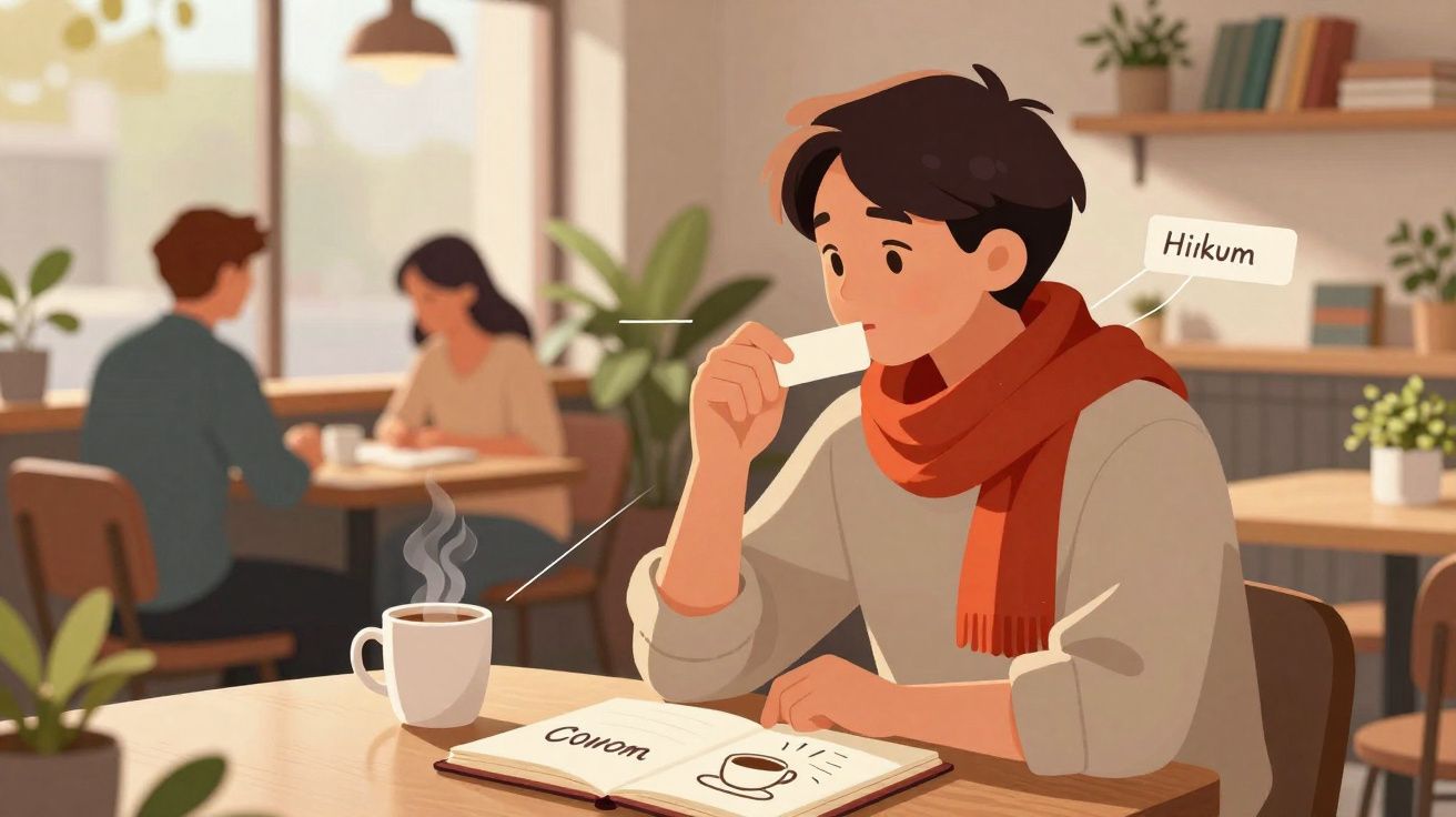 Jovem sentado numa cafetaria a cheirar cartão junto a uma chávena de café quente e livro aberto.