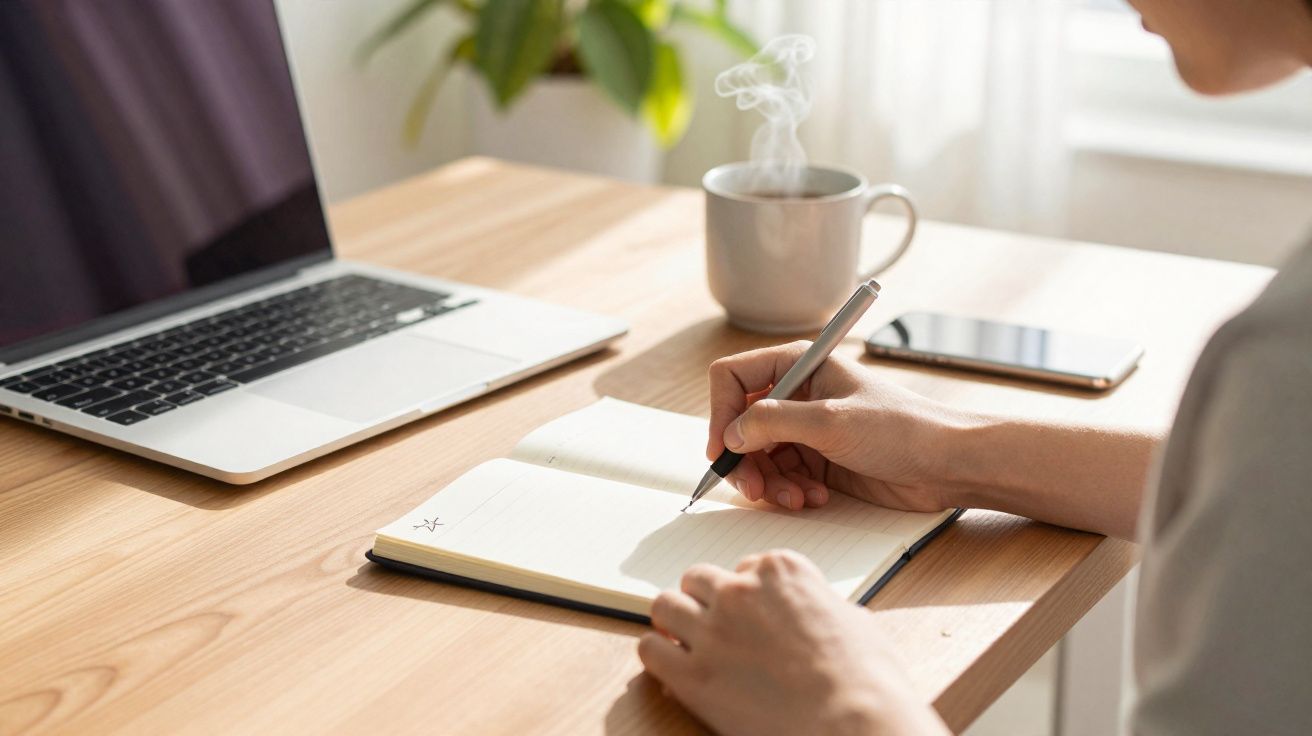 Pessoa a escrever num caderno à mesa com computador portátil, telemóvel e chá quente a fumegar.