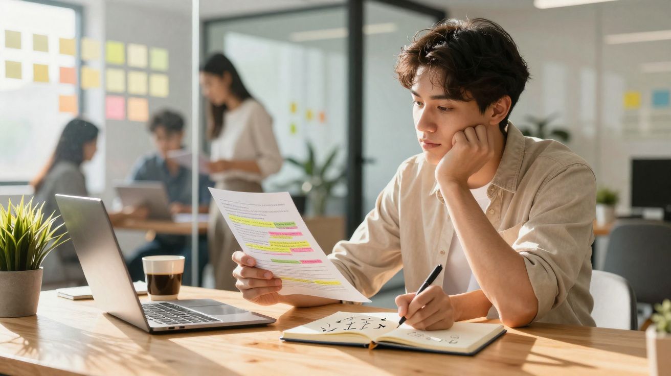 Jovem a estudar documentos destacados e a escrever num caderno com computador e café numa mesa de escritório.