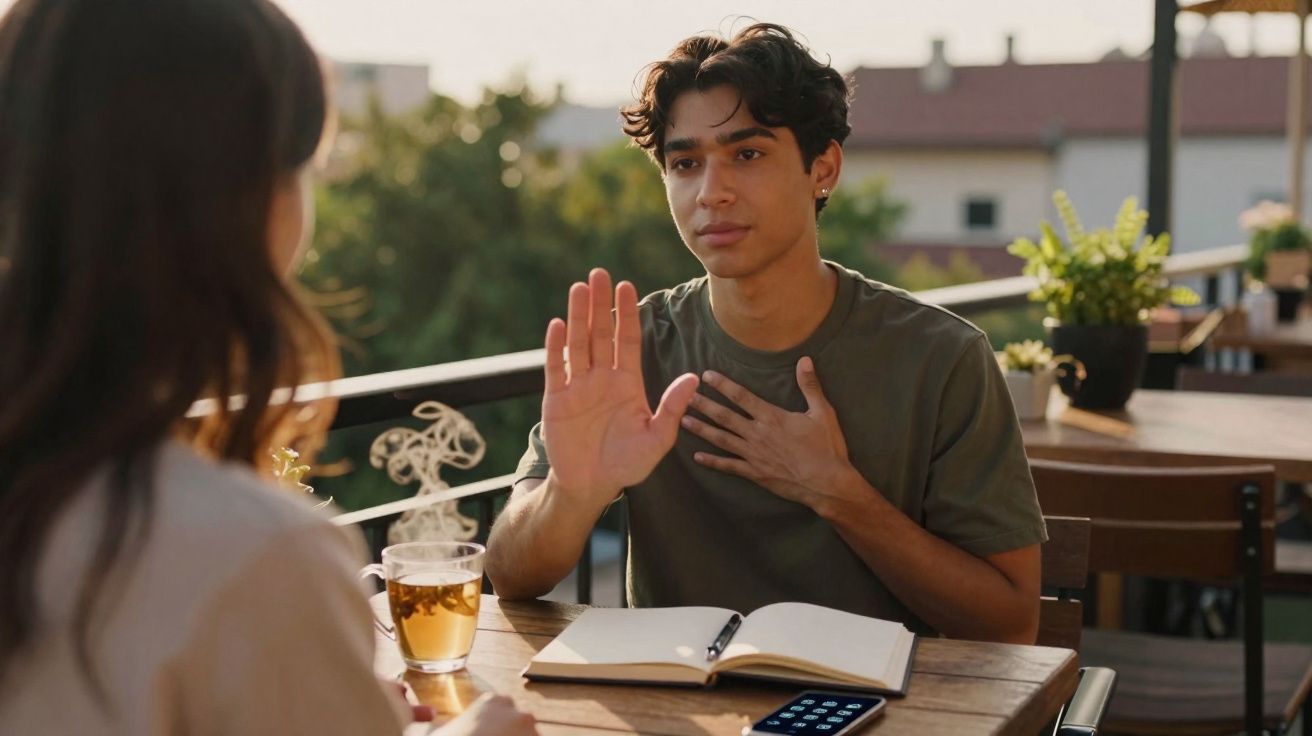 Jovem sentado à mesa com mão levantada a conversar com outra pessoa numa esplanada ao ar livre.