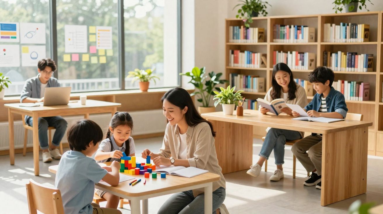 Sala de aula com crianças a aprender brincando e adultos a apoiar e ler livros.