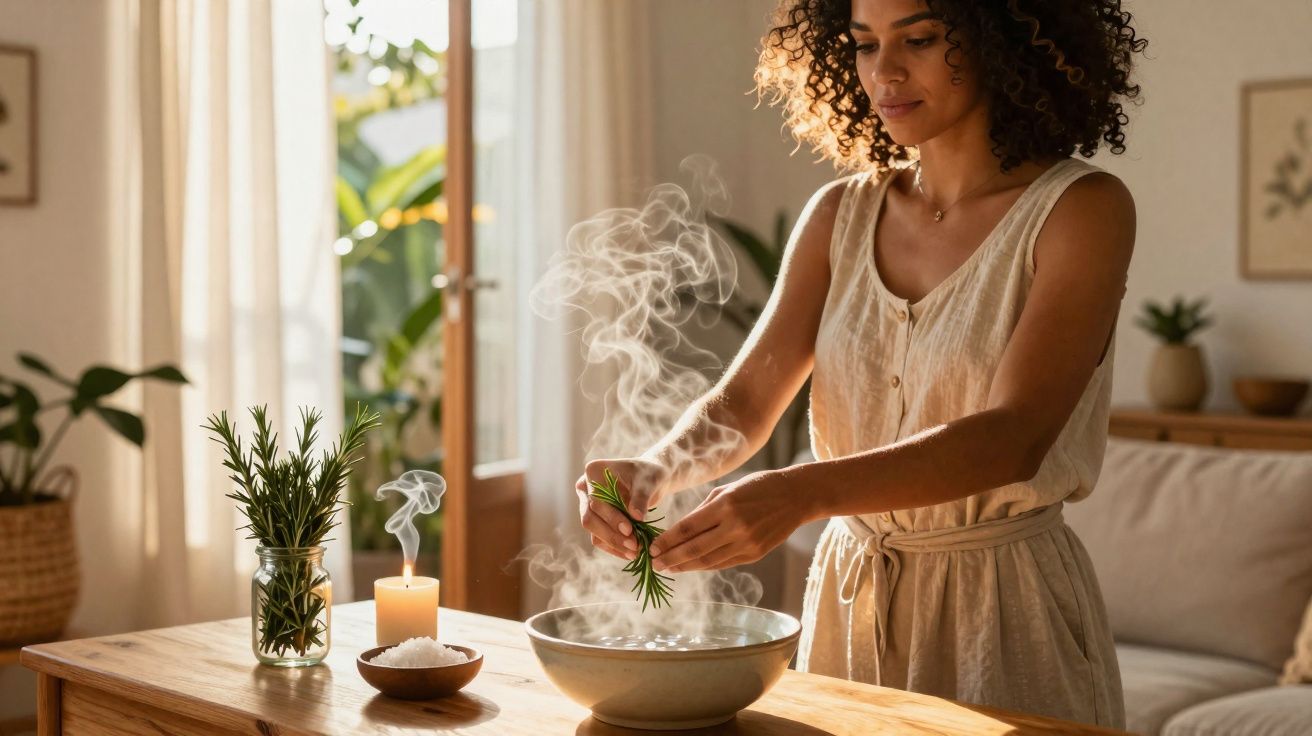 Mulher a preparar infusão com ervas numa sala iluminada por luz natural e vela acesa.