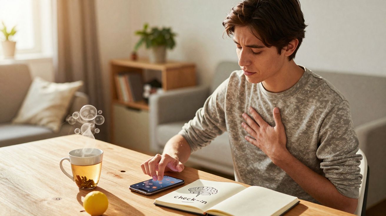 Jovem com expressão de dor no peito, usando telemóvel, com chá quente e caderno numa mesa em casa.