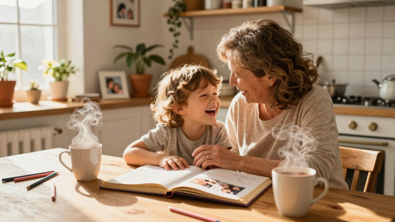 Avó e neto sorrindo enquanto leem um livro juntos na cozinha com duas canecas de chá fumegante.