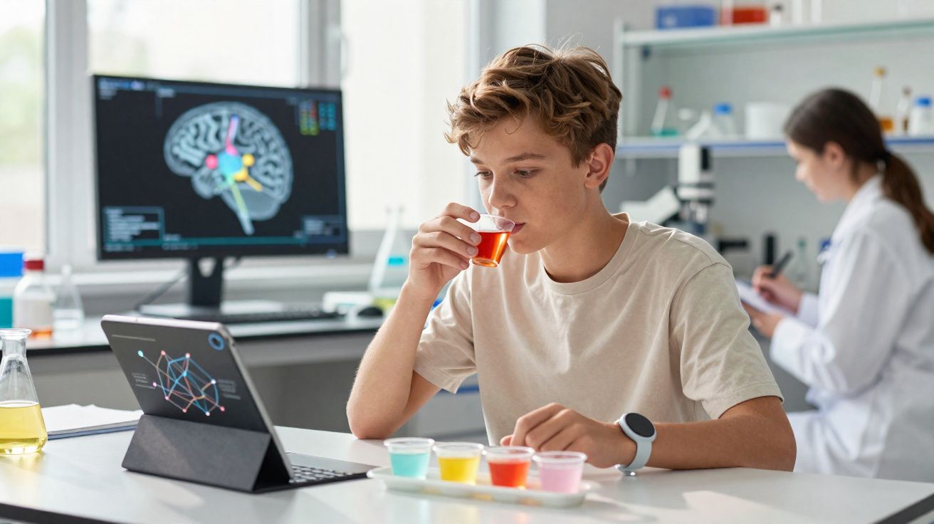 Jovem a provar líquido colorido numa chávena no laboratório, com ecrã de cérebro e cientista ao fundo.