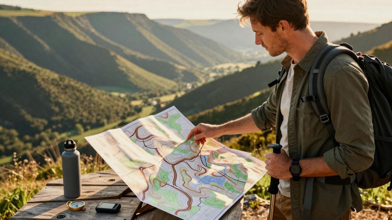 Homem com mochila analisa mapa topográfico numa mesa ao ar livre em paisagem montanhosa ao pôr do sol.