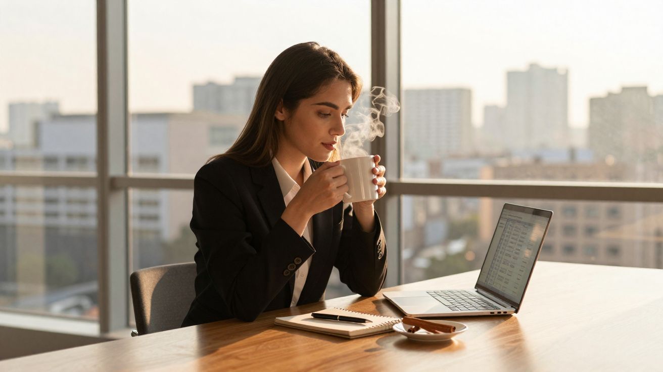 Mulher em fato a beber café quente junto a portátil num escritório com vista urbana ao amanhecer.