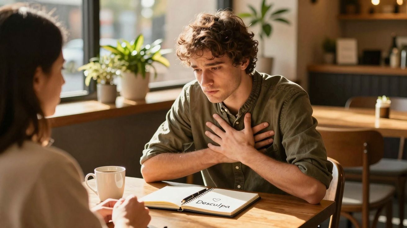 Homem com expressão arrependida pede desculpa sentado à mesa com mulher num café iluminado pela luz natural.
