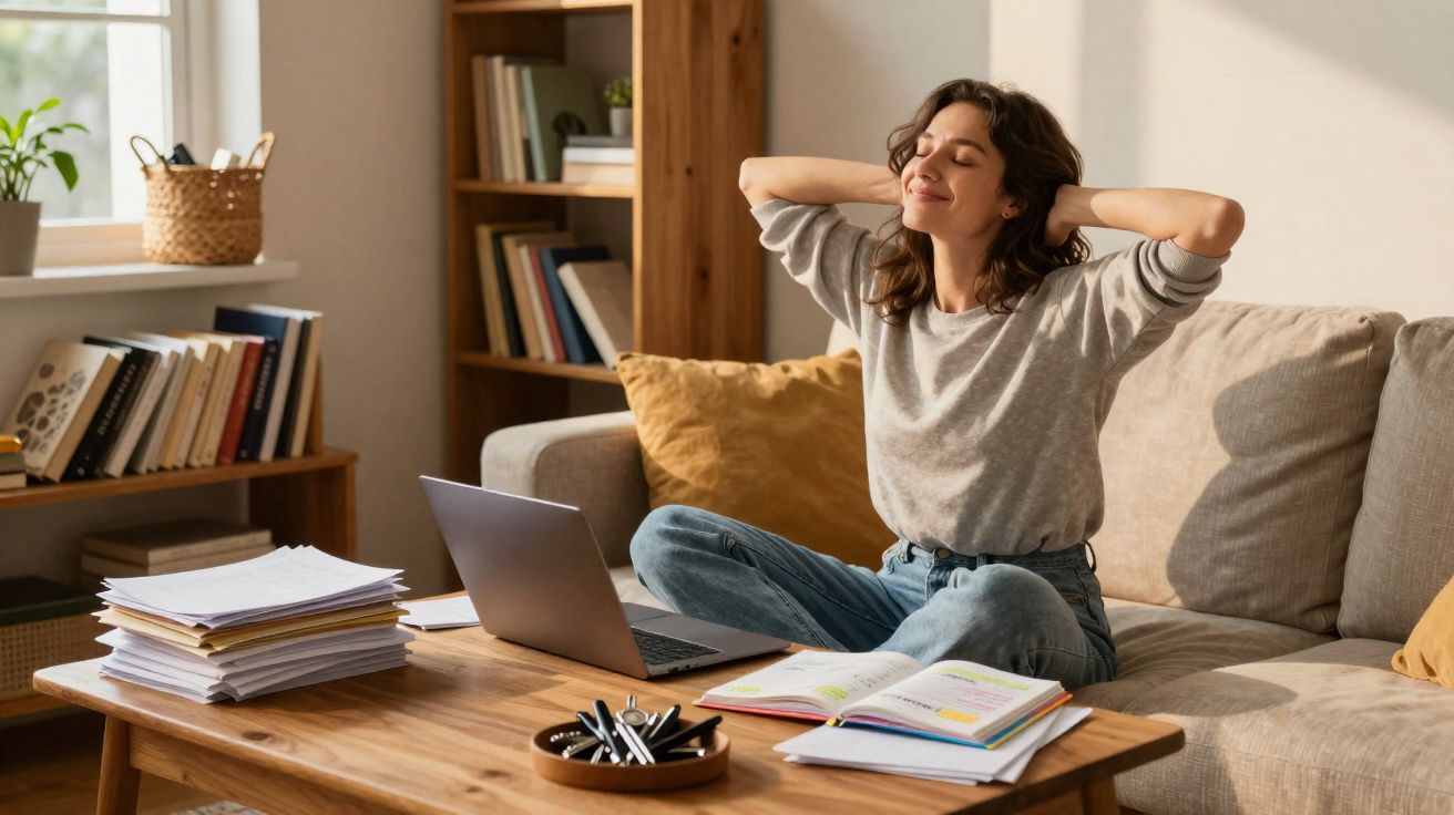 Mulher relaxa no sofá junto a mesa com livros, caderno, laptop e pilha de papéis em ambiente caseiro.