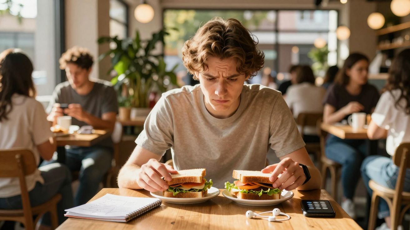 Jovem sentado num café, a olhar confuso para dois pratos com sandes à sua frente.
