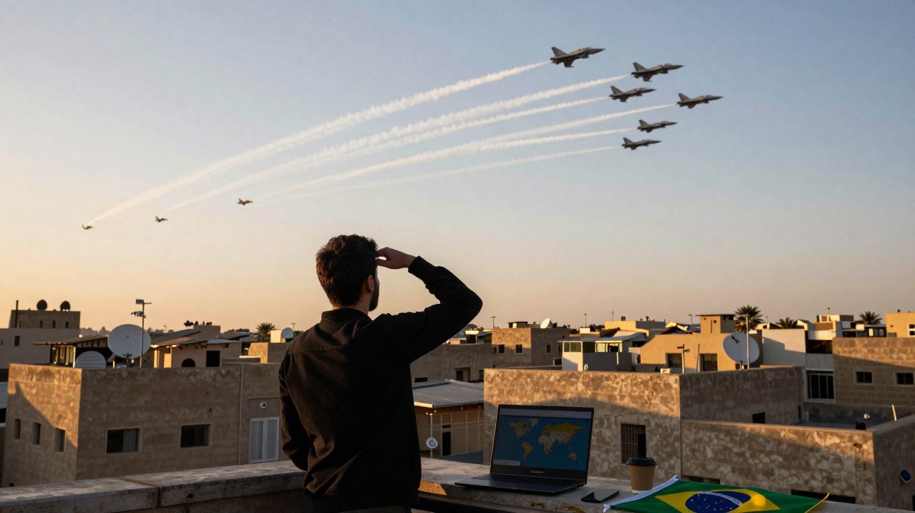 Homem observa caça militar sobrevoar cidade ao pôr do sol, com bandeira do Brasil e laptop na frente.